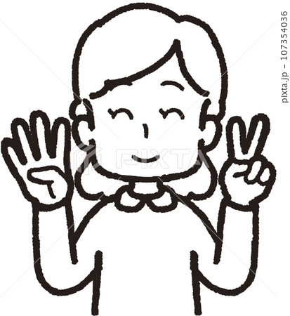左手は2本指、右手は4本指の42のハンドサインをして笑う女性の上半身線画イラスト 107354036
