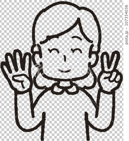 左手は2本指、右手は4本指の42のハンドサインをして笑う女性の上半身線画イラスト 107354036