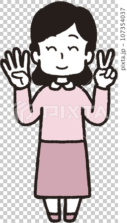 左手は2本指、右手は4本指の42のハンドサインをして笑う女性の全身イラスト 107354037
