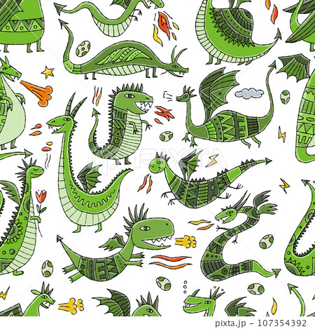 Funny Dragons family, seamless pattern background for your design. Symbol of Chinese New Year 2024 107354392