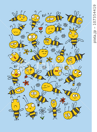 Funny Bees family. Beehive for your design. Vertical print background Funny Bees family. Beehive for your design. Vertical print background 107354419