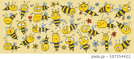 Funny Bees family. Beehive for your design. Horizontal print background Funny Bees family. Beehive for your design. Horizontal print background 107354422
