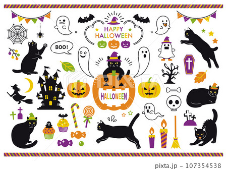 黒猫とハロウィンのイラスト素材のセット 黒猫とハロウィンのイラスト素材のセット 107354538