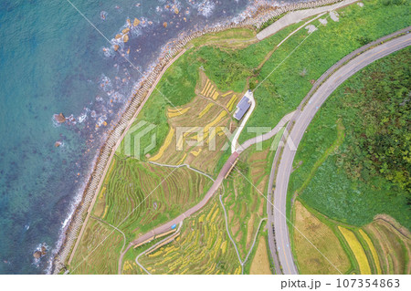 ドローン撮影｜山の斜面に小さな田んぼが並ぶ世界遺産の白米千枚田の空撮｜石川県輪島市 107354863