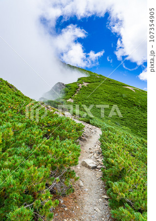 長野県の日本百名山塩見岳登山 塩見岳山頂への稜線 長野県の日本百名山塩見岳登山 塩見岳山頂への稜線 107354905