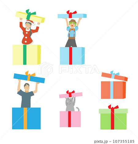 箱から顔を出す仮装した人々と猫の素材 107355185