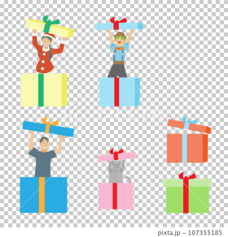 箱から顔を出す仮装した人々と猫の素材 107355185