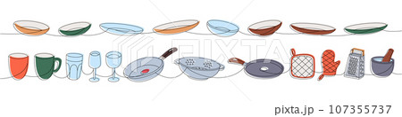 Kitchen utensils one line colored continuous drawing. Ceramic plates, mug, wineglass, frying pan, colander, kitchen mitten one line illustration. Kitchen utensils one line colored continuous drawing. Ceramic plates, mug, wineglass, frying pan, colander, kitchen mitten one line illustration. 107355737