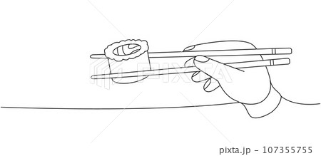 Japanese chopsticks holding sushi roll one line continuous drawing. Japanese cuisine, traditional food continuous one line illustration. 107355755