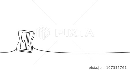 Pencil sharpener, school supplies one line continuous drawing. Back to school continuous one line illustration. Vector minimalist linear illustration. 107355761