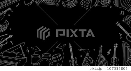 Musical instruments horizontal outline banner. Vector illustration for musical school design. Tuba, trumpet, drum flute, lute, violin, acoustic guitar 107355805
