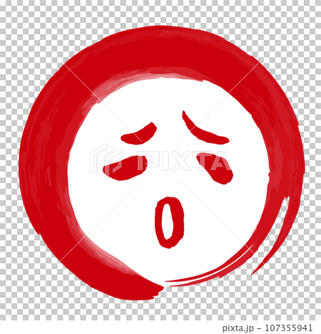 筆書きの丸に入った顔の表情の絵文字マーク（苦しい、悲しい） 107355941