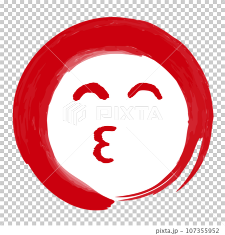 筆書きの丸に入った顔の表情の絵文字マーク（口を尖らせた笑顔） 107355952