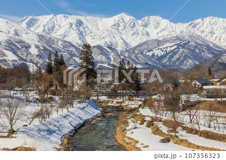 冬の白馬　大出公園と雪に覆われた白馬連峰 107356323