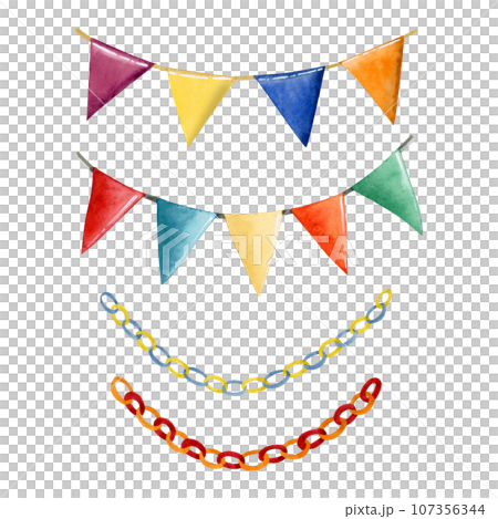 Watercolor festive flags and paper garlands illustration set with yellow, blue, red, green decor for party and holiday celebration isolated on white background Watercolor festive flags and paper garlands illustration set with yellow, blue, red, green decor for party and holiday celebration isolated on white background 107356344