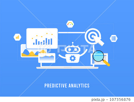 Marketing Predictive Analytics concept. ML forecasts customer behavior for proactive strategy optimization. AI Big Data predictive analytics. Vector illustration isolated on blue background 107356876