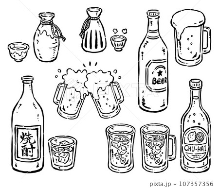 ビール・酎ハイ・日本酒・焼酎のビンとグラス 手描き線画セット ビール・酎ハイ・日本酒・焼酎のビンとグラス 手描き線画セット 107357356