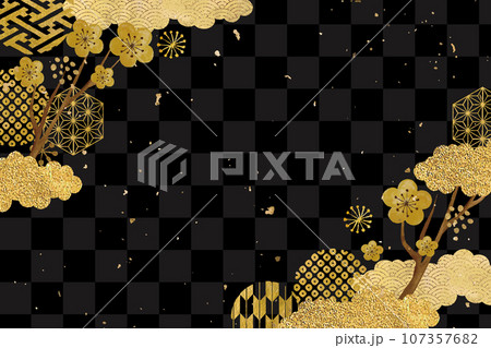 梅の花とゴールドの和柄の背景 107357682