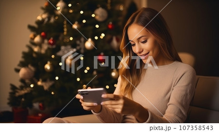Young woman in a white sweater orders New Year's gifts during the Christmas holidays  107358543