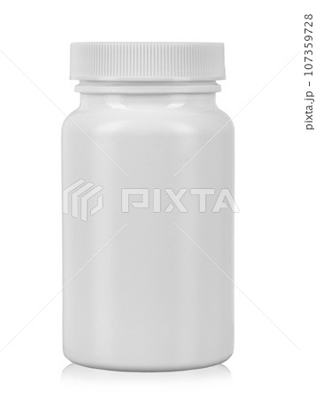 White plastic medicine bottle. Isolated on a white background. White plastic medicine bottle. Isolated on a white background. 107359728