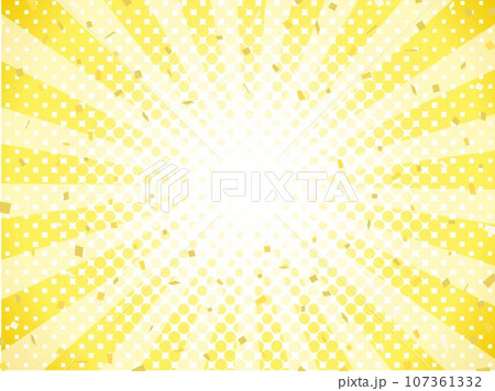 金色のハーフトーンのサンバーストに紙吹雪が舞う背景素材 107361332