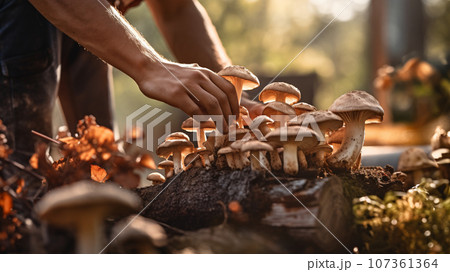 きのこを収穫する手元 107361364