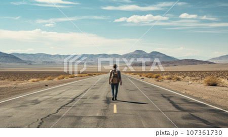 A person walking along an empty road in a desolate landscape 107361730