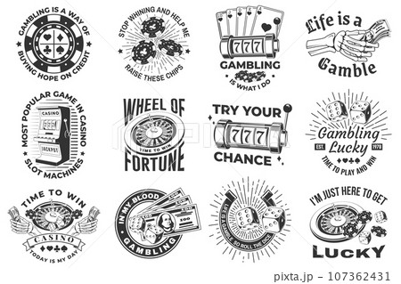 Set of gambling vintage print, logo, badge design with wheel of fortune, two dice, skeleton hand holding dollar, poker playing card, casino chips, slot machines and horseshoe silhouette. Vector 107362431