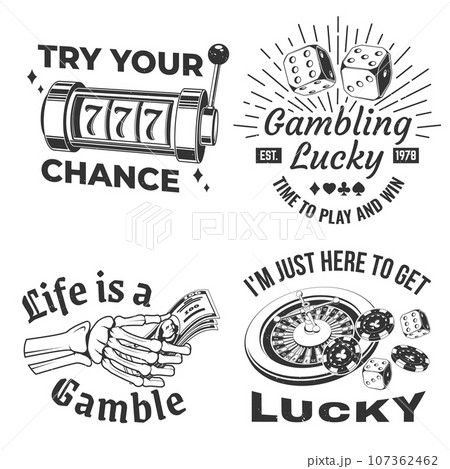 Gambling vintage print, logo, badge design with wheel of fortune, two dice and skeleton hand holding dollar silhouette. Vector. Wheel of fortune, two dice and skeleton hand holding dollar for gambling 107362462