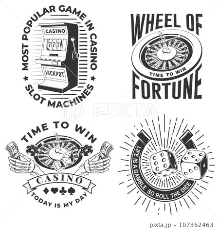 Set of gambling vintage print, logo, badge design with wheel of fortune, two dice, skeleton hand holding dollar, poker playing card silhouette. Vector illustration 107362463