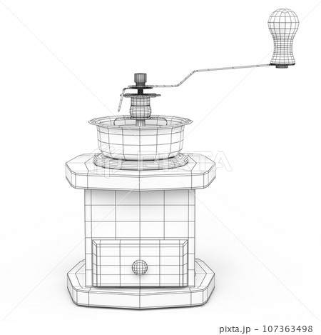 Manual wooden coffee grinder with coffee beans on white background. 107363498