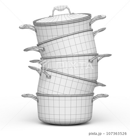 Set of stewpot, frying pan and chrome plated cookware on white background Set of stewpot, frying pan and chrome plated cookware on white background 107363526