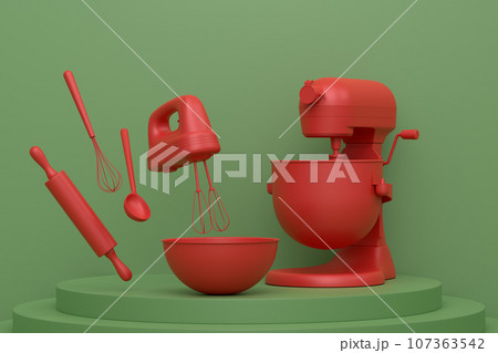 Abstract scene or podium with blender and kitchen utensil on monochrome. 107363542