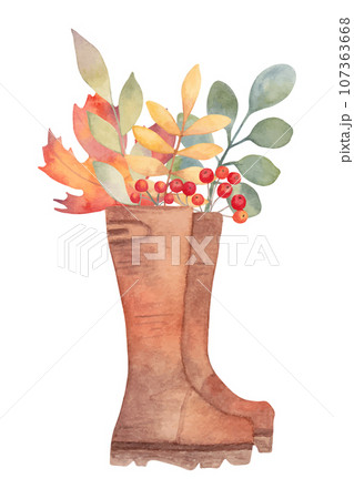 Autumn composition with rubber boots, rowan and leaves. Botanical seasonal watercolor illustration.Thanksgiving. Hand drawing 107363668