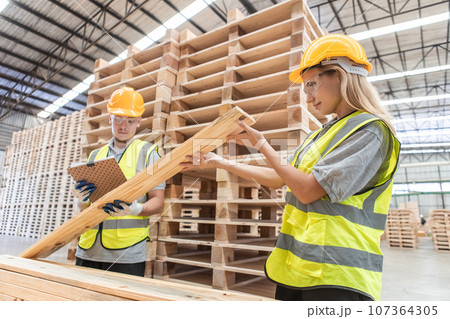 Team engineer carpenter wearing safety uniform and hard hat working holding clipboard Team engineer carpenter wearing safety uniform and hard hat working holding clipboard 107364305