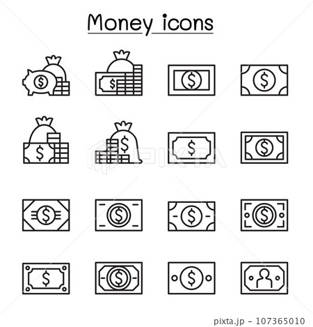 Money, cash, currency icon set in thin line style, editable stroke 107365010