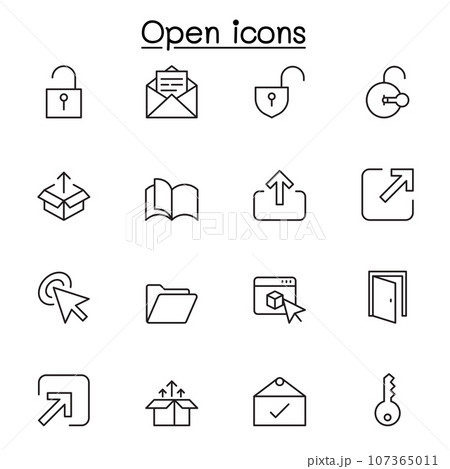 Open icon set in thin line style. Editable stroke 107365011