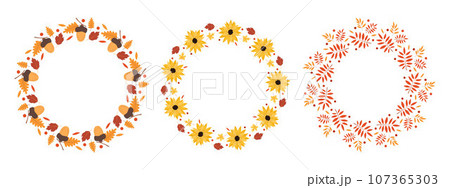 Autumn set of decorative round frames. Design elements for cards, invitations, sale, advertising, posters, scrapbooking. Vector illustration. Autumn set of decorative round frames. Design elements for cards, invitations, sale, advertising, posters, scrapbooking. Vector illustration. 107365303