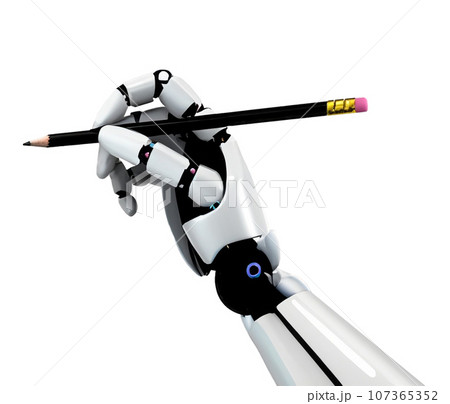 鉛筆を持つロボットのイラスト、白背景、AI画像 107365352