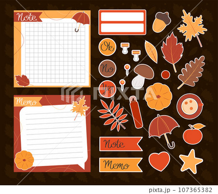 Autumn notes and stickers. Set of autumnal template notes. Cute paper note template. Notes, memo and to do lists used in a diary, home or office. 107365382