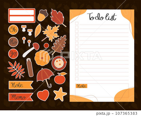 Autumn to-do list template. Set of to do list and stickers. Template for agenda, planners, checklists, notebooks, cards and other stationery. Event planner template. Layout in A5. 107365383