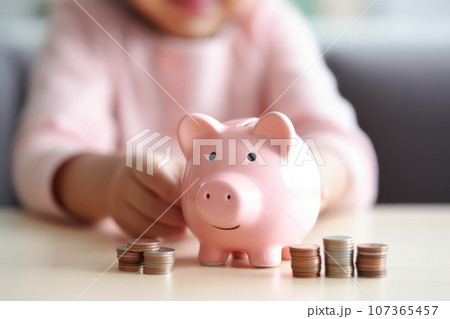 Piggy bank with falling coins. Savings and investment. Generative Ai 107365457