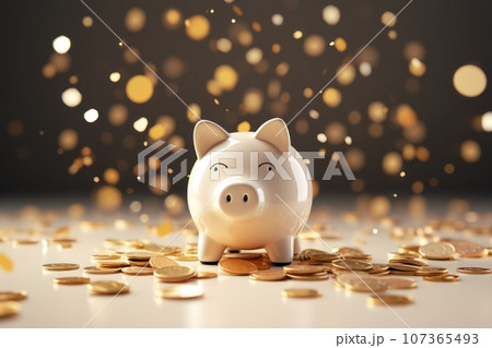 Piggy bank with falling coins. Savings and investment. Generative Ai 107365493