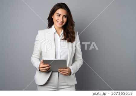 Woman accountant stands in profile and holds documents or tablet 107365615