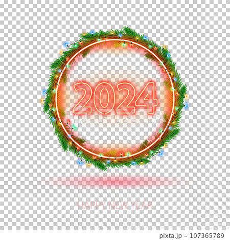Happy New Year 2024 Neon with Wreath 107365789