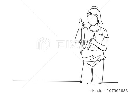 Single continuous line drawing young beauty junior high school girl student holding book and school bag and gives thumbs up gesture. Education concept. One line draw graphic design vector illustration Single continuous line drawing young beauty junior high school girl student holding book and school bag and gives thumbs up gesture. Education concept. One line draw graphic design vector illustration 107365888
