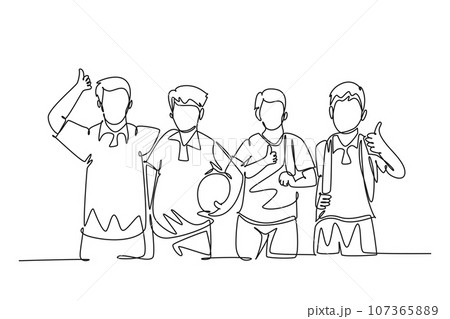 Single continuous line drawing group of young happy boys and girls from elementary school student carrying bags and give thumbs up gesture. Education. One line draw graphic design vector illustration Single continuous line drawing group of young happy boys and girls from elementary school student carrying bags and give thumbs up gesture. Education. One line draw graphic design vector illustration 107365889