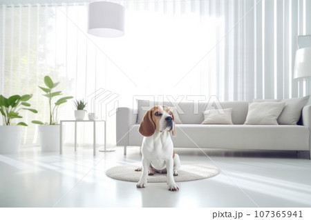 Modern bright living room interior Cute dog near couch 107365941