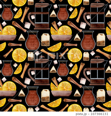 Hand drawn watercolor teaware tea lemon turkish glass crockery cinnamon french press. Seamless pattern isolated on white background. For invitations, cafe, restaurant food menu, print, website, cards 107366131