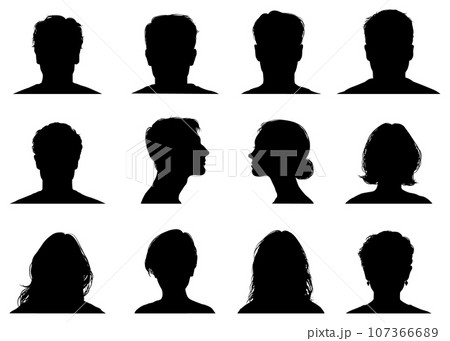男性と女性の顔正面と横顔のシルエットセット 107366689